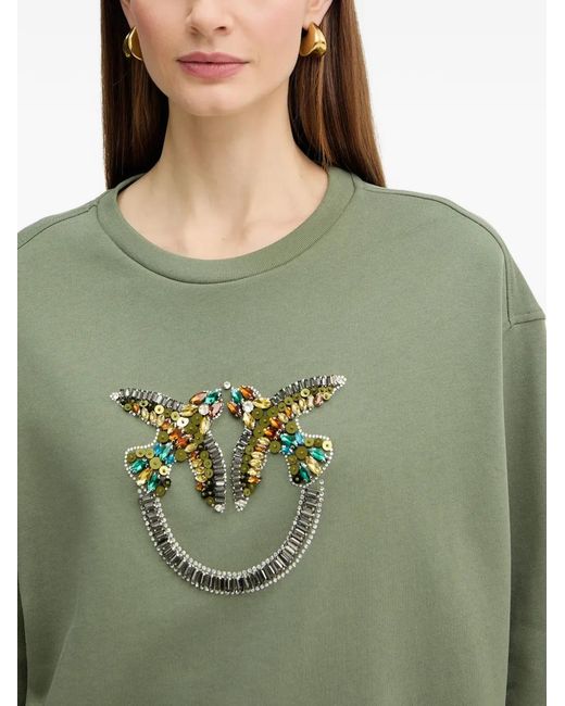 Pinko Green Sweatshirt With Love Birds Jewel Maxi Embroidery