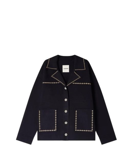 Sandro Blue Studded Blazer Collar Cardigan
