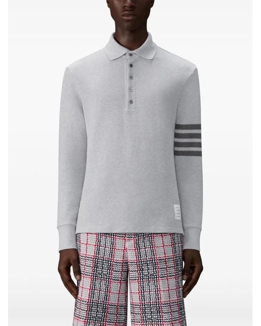 Thom Browne Gray 4-Bar Textured-Pique Long-Sleeved Polo Shirt for men