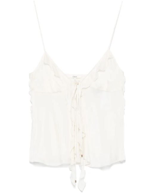 Chloé White Ruffled Silk Top