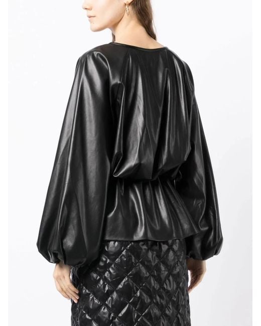 Goen.J Black Faux-Leather Draped Top