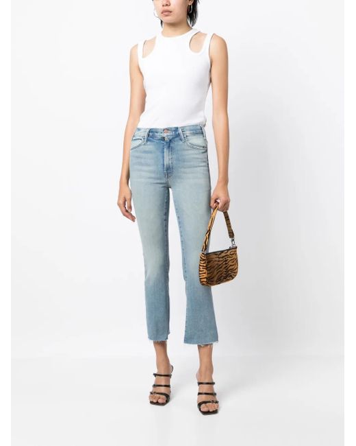 Mother Blue Denim Flared Cropped Trousers