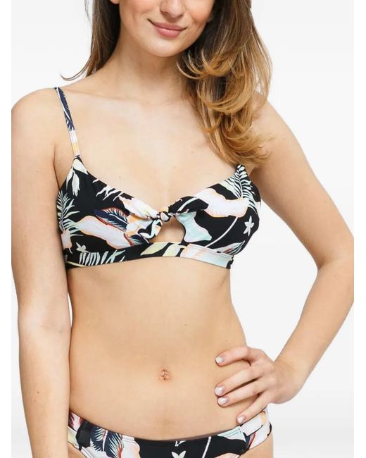 Roxy Black Floral-Print Knot-Detail Bikini Top