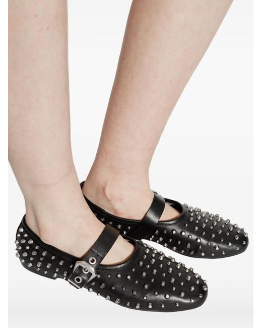 AllSaints White Studded Buckle Leather Ballet Flats