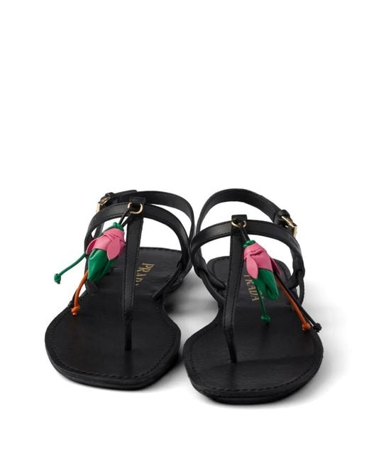 Prada Black Antiqued Leather Thong Sandals With Floral Ornament