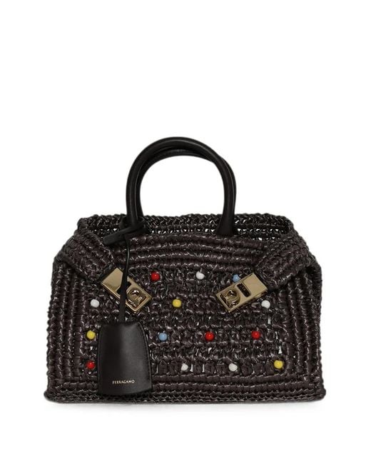 Ferragamo Black Hug Bead-Embellished Tote Bag