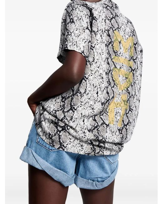 One Teaspoon Gray Snake-Print Short-Sleeve Shirt