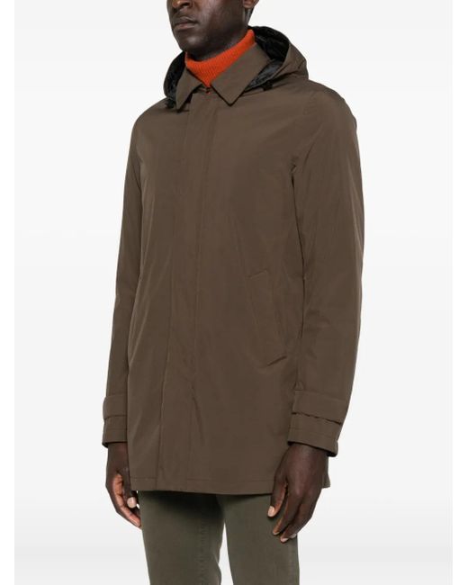 Herno Brown Hooded Concealed-Zip Coat for men