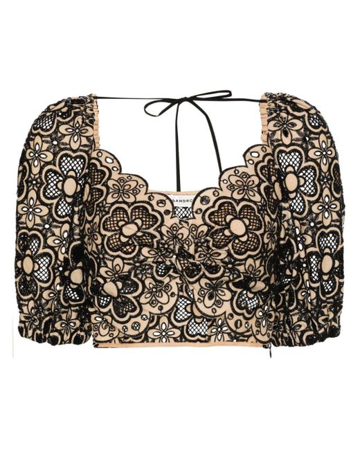 Sandro Black Floral-detail Cropped Top