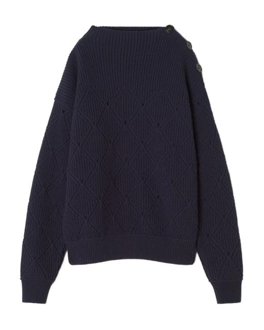 Lanvin Blue Diamond-Pattern Buttoned-Shoulder Sweater for men