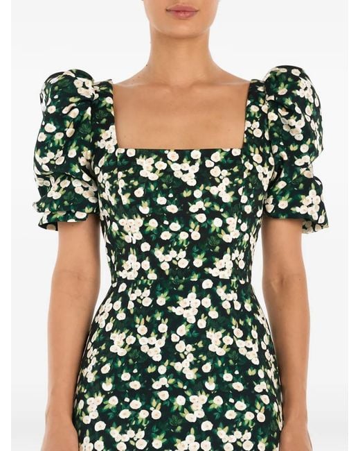 POST MERIDIEM Green Square-Neck Floral-Print Midi Dress