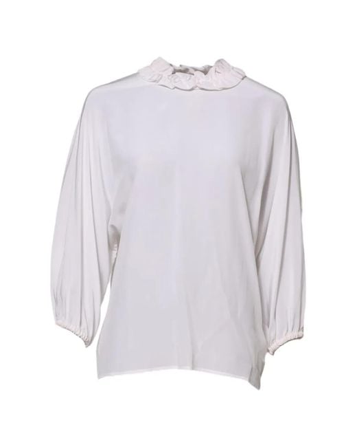 Dolce & Gabbana White Ruffle-Trim Silk Blouse