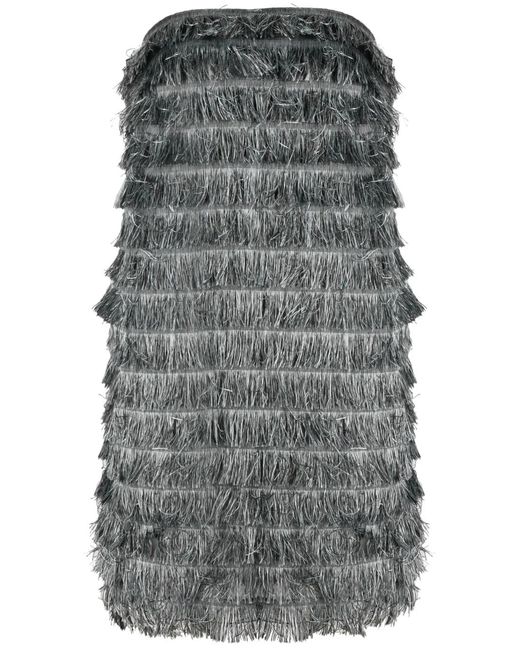 Alberta Ferretti Gray Fringed Strapless Short Dress