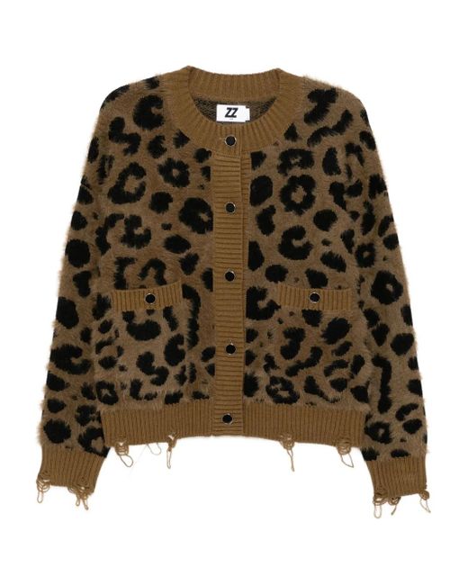 Izzue Green Distressed Leopard-Intarsia Cardigan
