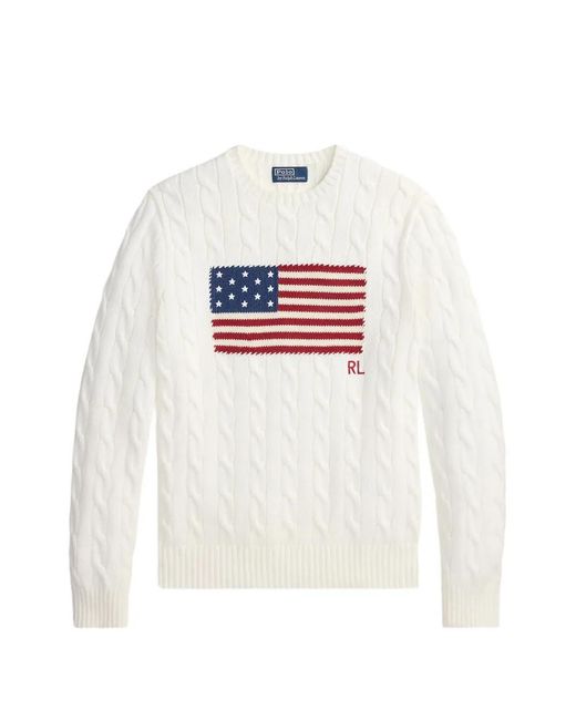 Polo Ralph Lauren White Cable-Knit Flag-Motif Sweater for men