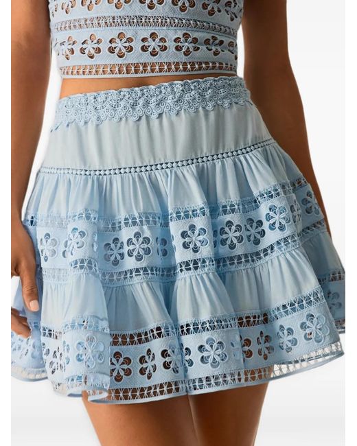 Charo Ruiz Blue Lea Embroidered-Lace Tiered Mini Skirt