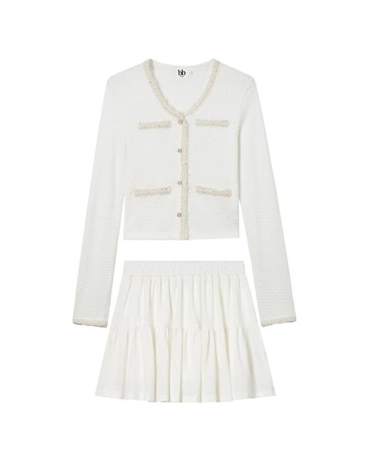 B+ AB White Sequin-Embellished Ruffled Cardigan And Skirt Set