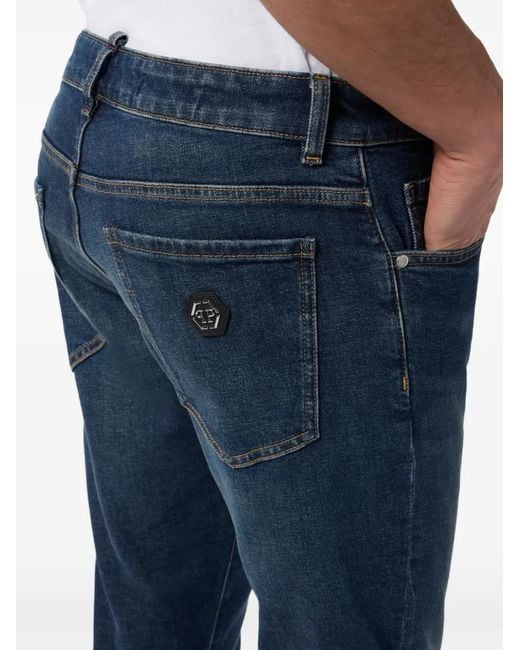Philipp Plein Blue Straight-Leg Paint-Detail Jeans for men
