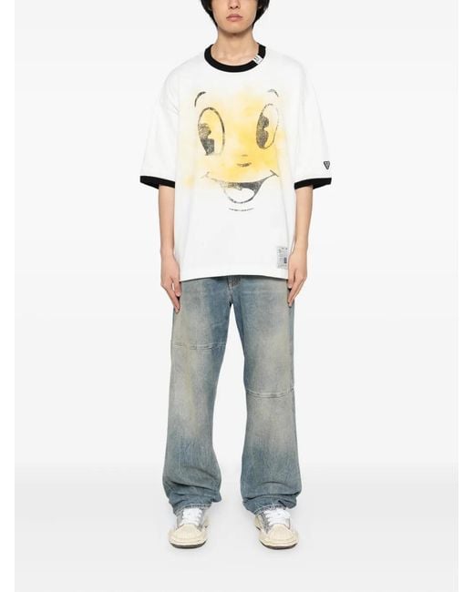 Maison Mihara Yasuhiro Happy Face Printed Ringer T-Shirt in White