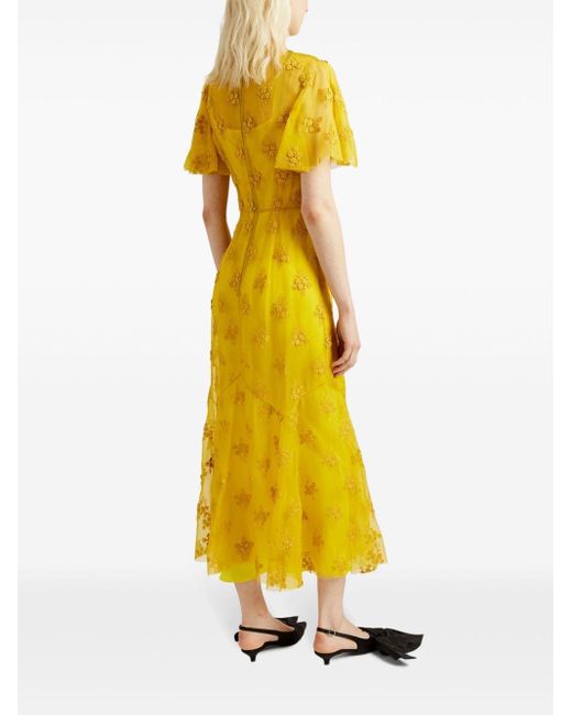 Vestido midi con bordado floral Erdem de color Yellow