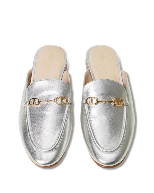 Twinset White Oval T Leather Mules