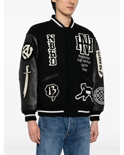 Neighborhood Black Logo-Patch Varsity Jacket for men