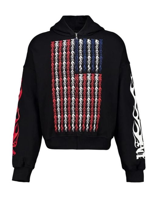 Palm Angels Blue Full-Zip Hooded Sweatshirt With Flames Flag for men