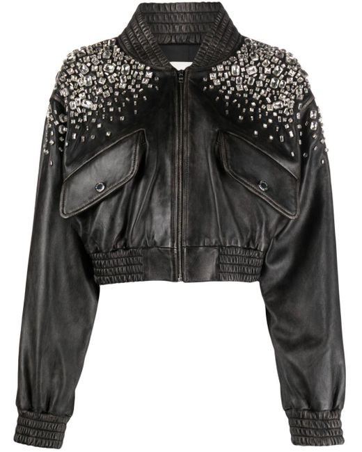 Sandro Black Crystal-Embellished Leather Jacket