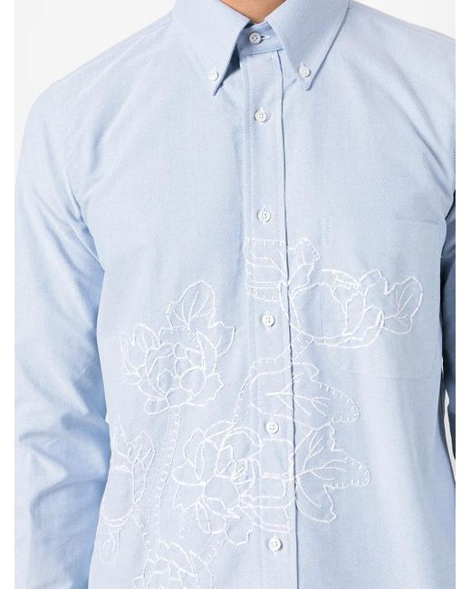 Thom Browne Blue Floral-Embroidered Long-Sleeve Shirt for men