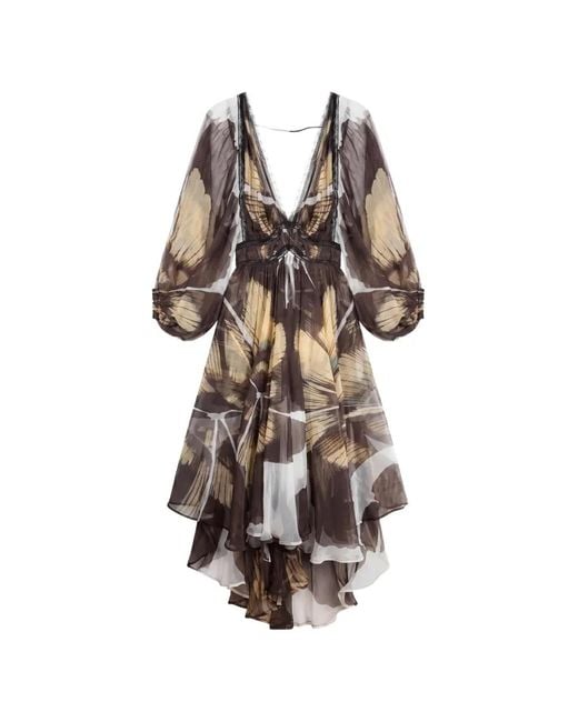 Mes Demoiselles White Lace-Trimmed Butterfly-Print Long Dress