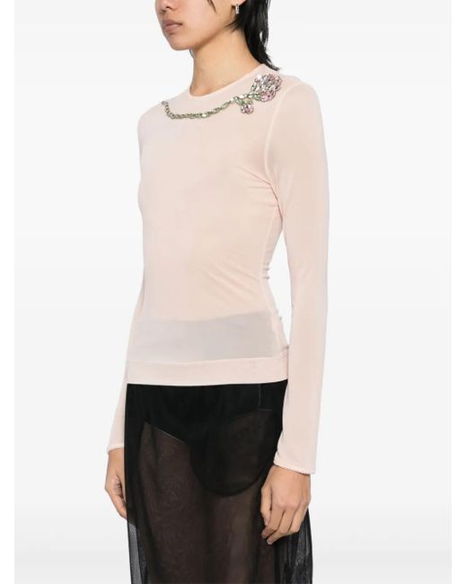 Simone Rocha Pink Carnation-Embellished Mesh Top