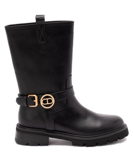 Twinset Black Buckle-Embellished Leather Boots