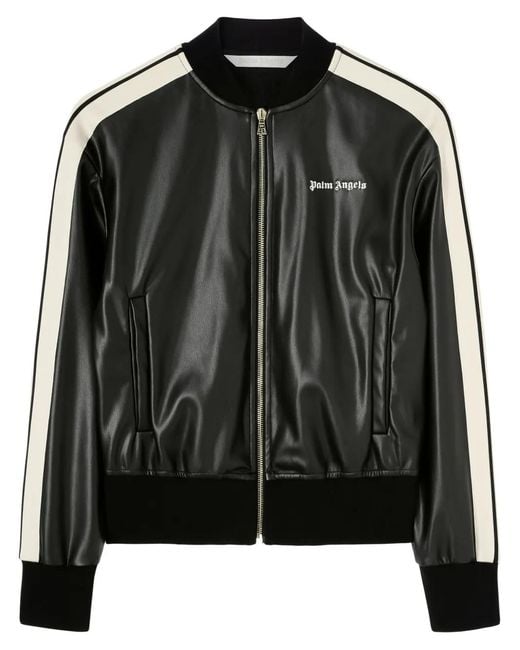 Palm Angels Black Logo Leather Effetc Track Bomber Jacket