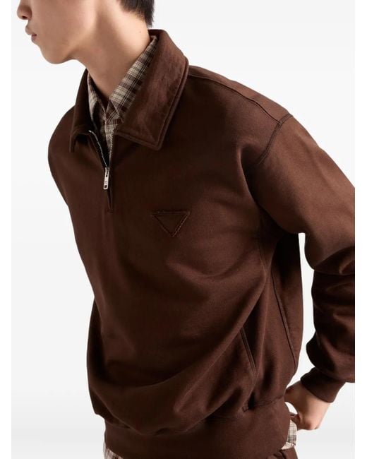 Prada Brown Triangle-Logo Half-Zip Polo Shirt for men