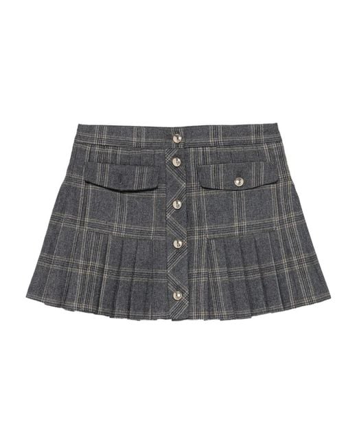 Maje Gray Pleated Checked Button Mini Skirt