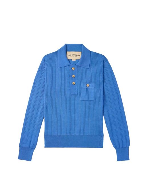 Valentino Garavani Blue Button Ribbed Polo Shirt for men
