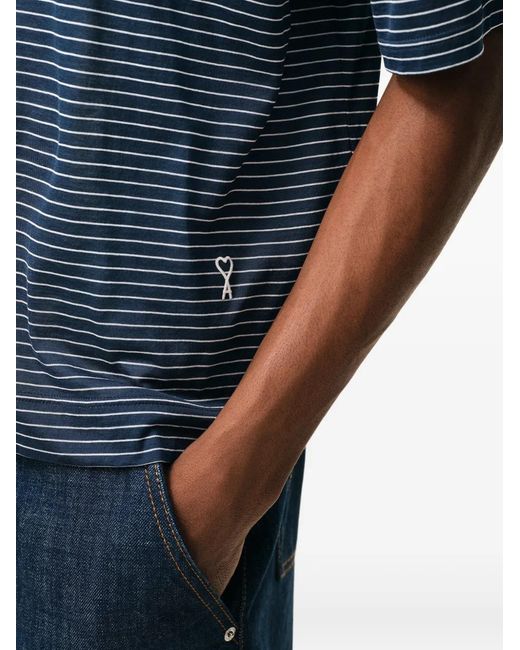 AMI Blue Ami De Coeur Striped Polo Shirt for men