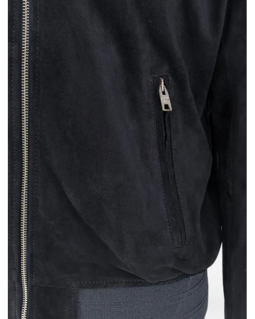 DFOUR® Blue Suede Ribbed-Trim Bomber Jacket for men