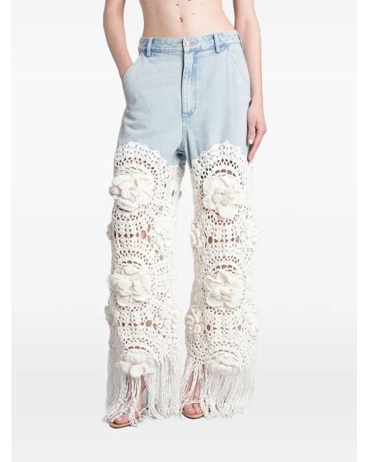 GIUSEPPE DI MORABITO Blue Crochet-Knit Floral-Appliqué Trousers