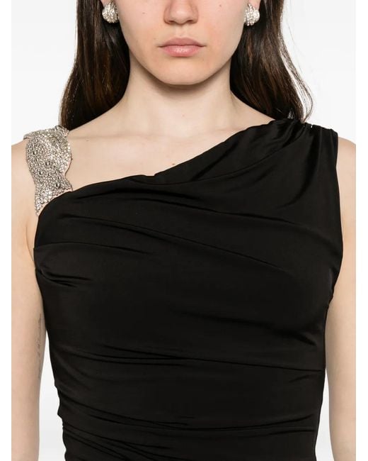 Amen Black Robe Longue Asymétrique Froncée À Ornements En Cristal