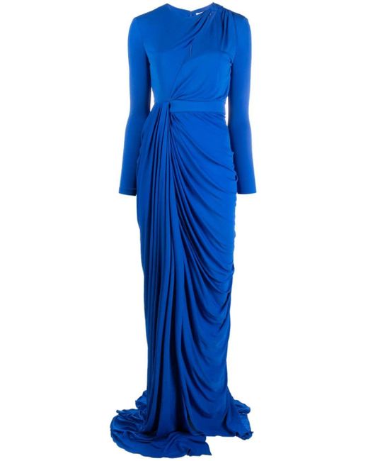 Alexander McQueen Blue Cascading Pleats Long-sleeve Gown