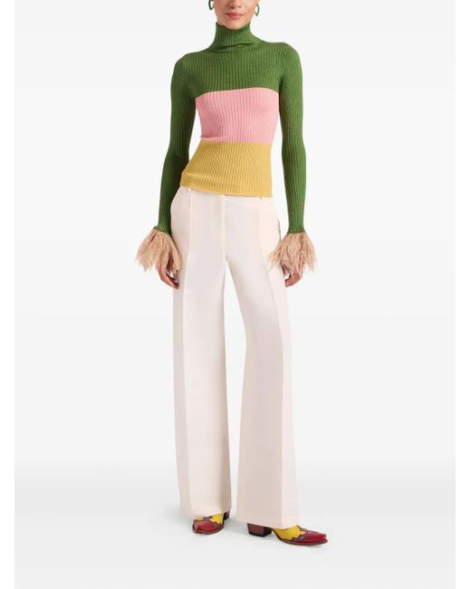 LaDoubleJ Green Embroidered-Logo Feather-Cuffs Sweater