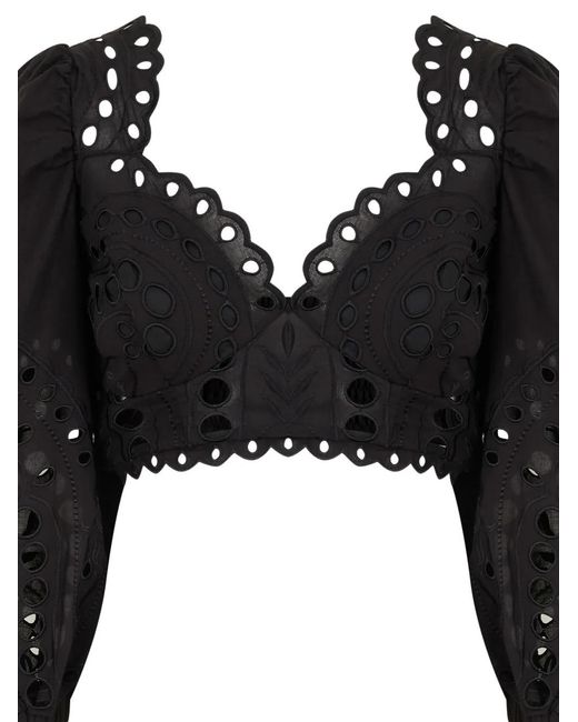 Charo Ruiz Black Luna Embroidered Smocked Blouse