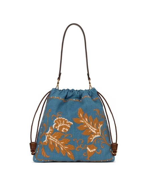 Etro Blue Kalispera Embroidery Medium Tote Bag