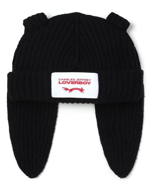 Charles Jeffrey Black Grob Gestrickte Mütze Mit Logo-Patch