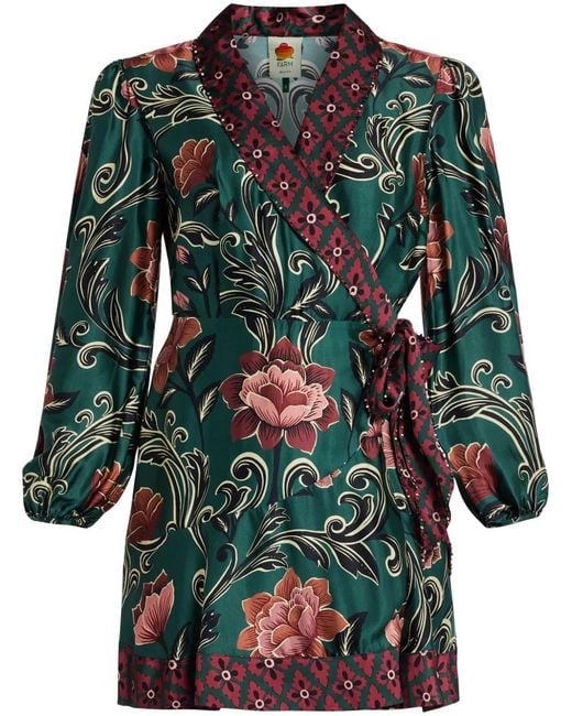 Farm Rio Green Floral-Print Mini Dress