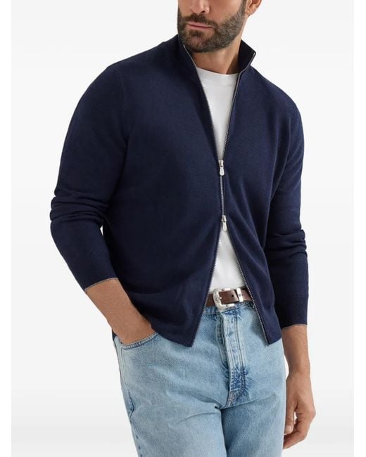 Brunello Cucinelli Blue Cardigan En Cachemire À Col Montant for men