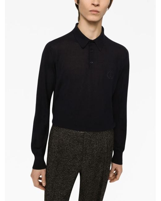Dolce & Gabbana Black Logo-Embroidered Cashmere Polo Shirt for men