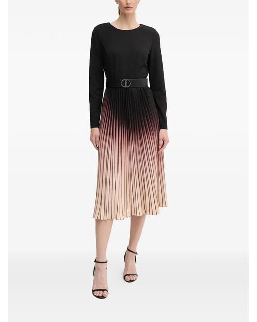 DKNY Black Pleated Belted Midi Dress
