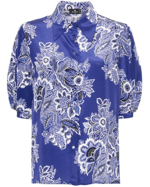 Etro Blue Seidenhemd mit Blumen-Print